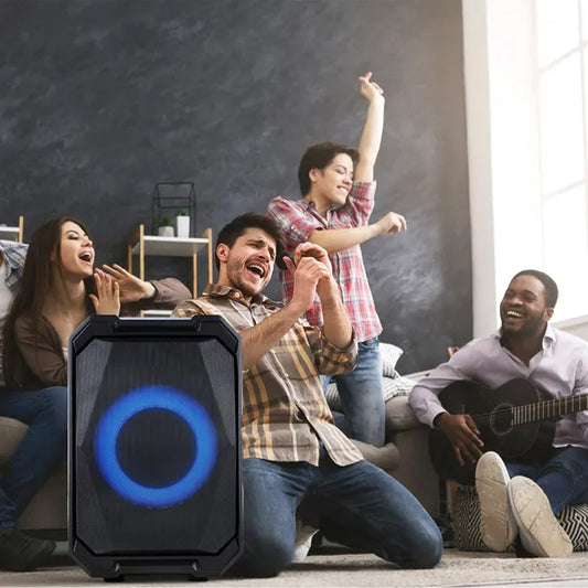 Portable Wireless Party Speaker With LED Light 2 Wireless Mics Remote Control TWS Music Accompany Mic. Priority Bass Echo Mic Treble Guitar In