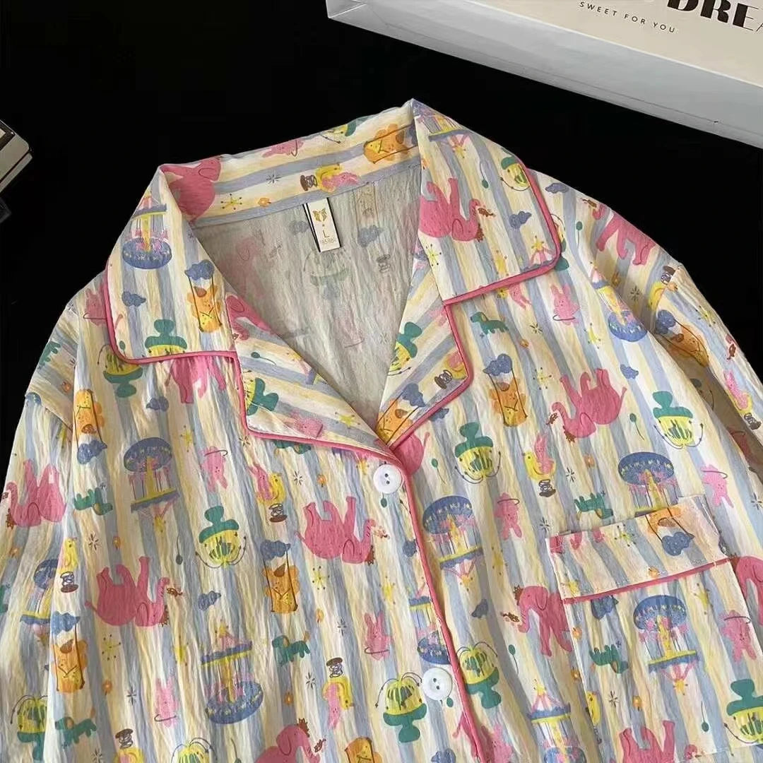 Women Pajamas Fashionable Casual Harajuku Style Women Cartoon Striped Fun Print Two-Piece Pajamas Autumn Long-Sleeve Loungewear