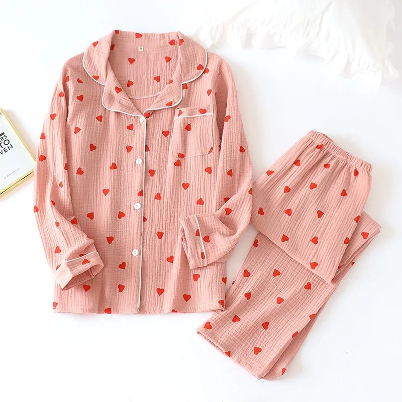 Pajamas for Women in Spring Made of Pure Cotton Gauze with Long Sleeves and Thin Crepe Fabric Sweet Loose Summer Home Clothes
