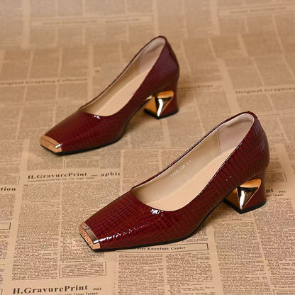 Women's French-style Snake-pattern Chunky-heel Versatile Soft-soled Leather Shoes