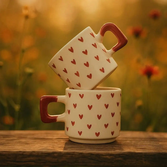 Set Of 2 Handmade Ceramic Mugs With Red Heart Patterns For Valentines Day