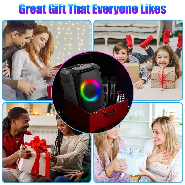 Portable Wireless Party Speaker With LED Light 2 Wireless Mics Remote Control TWS Music Accompany Mic. Priority Bass Echo Mic Treble Guitar In