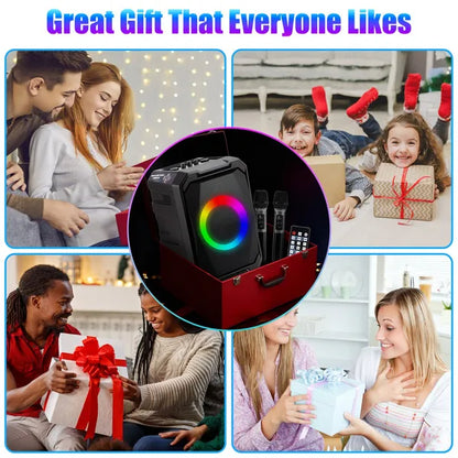 Portable Wireless Party Speaker With LED Light 2 Wireless Mics Remote Control TWS Music Accompany Mic. Priority Bass Echo Mic Treble Guitar In