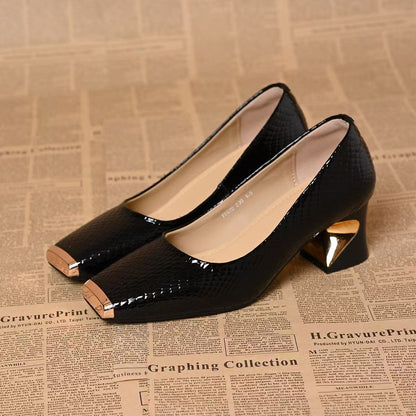 Women's French-style Snake-pattern Chunky-heel Versatile Soft-soled Leather Shoes