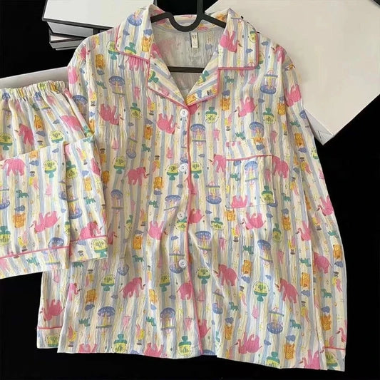 Women Pajamas Fashionable Casual Harajuku Style Women Cartoon Striped Fun Print Two-Piece Pajamas Autumn Long-Sleeve Loungewear