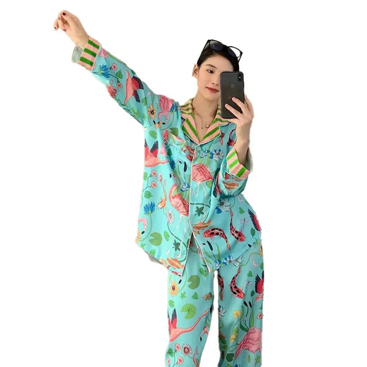 Sexy Pajamas for Women in Spring Summer Long Sleeved Flower and Bird Patterns High-end New Luxurious Comfortable Pajamas