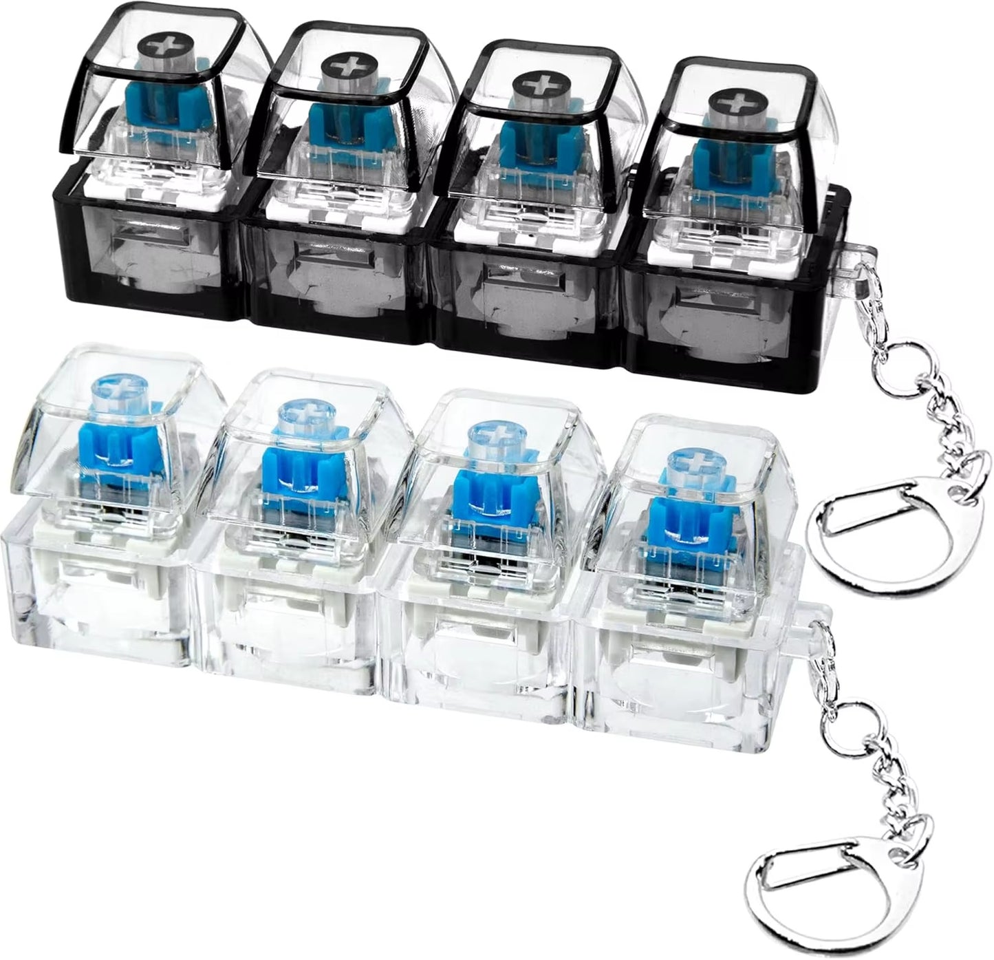 4Keys Mechanical Keyboard Electronic Luminous Transparent Crystal Height Pressure Reduction Finger Button Anti Stress Keycap Toy Schoolbag Pendant Keychain Decompression Clicker Gadget Gift