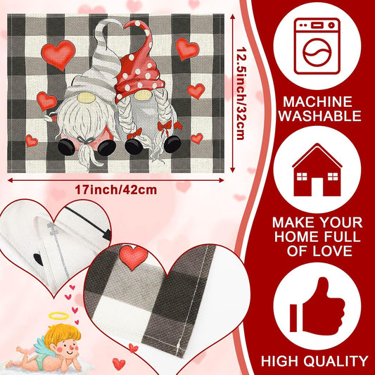 Valentines Day Placemats Set Of 4, 17x12.5 Inches With Gnomes And Hearts Pattern For Holiday Parties And Family Gatherings-clearance Sale