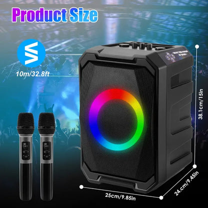 Portable Wireless Party Speaker With LED Light 2 Wireless Mics Remote Control TWS Music Accompany Mic. Priority Bass Echo Mic Treble Guitar In